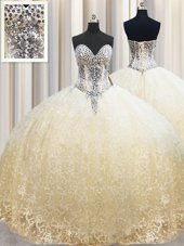 Super Champagne Ball Gowns Sweetheart Sleeveless Organza Floor Length Lace Up Beading and Appliques Sweet 16 Dress