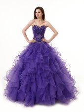 Dramatic Sleeveless Floor Length Beading and Ruffles Lace Up 15th Birthday Dress with Purple