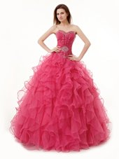 Delicate Coral Red Sleeveless Organza Lace Up Ball Gown Prom Dress for Military Ball and Sweet 16 and Quinceanera