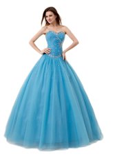 Fine Baby Blue A-line Beading and Ruching Quinceanera Dress Lace Up Tulle Sleeveless Floor Length