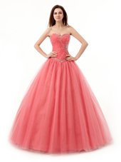 Watermelon Red Sleeveless Floor Length Beading and Ruching Lace Up Ball Gown Prom Dress