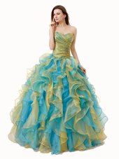 Traditional Sleeveless Floor Length Beading and Ruffles and Ruching Lace Up Quinceanera Dress with Multi-color