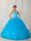 Blue Ball Gown Sweetheart Floor-length Satin and Organza Beading Quinceanera Dress