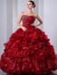Wine Red A-Line / Princess Sweetheart Floor-length Organza Beading and Ruffles Quinceanea Dress