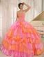 Ruflfled Layers and Appliques Decorate Up Bodice For Rose Pink and Orange Quinceanera Dress Customize Aiea City Hawaii
