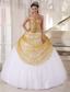 Champagne and White Ball Gown Spaghetti Straps Floor-length Tulle and Sequin Appliques Quinceanera Dress