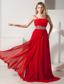 Red Empire One Shoulder Brush Train Chiffon Beading Prom Dress