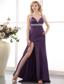 Purple Column Straps Brush Train Elastic Woven Satin Beading Prom Dress