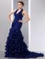Navy Blue Mermaid Halter Court Train Chiffon Ruch and Ruffles Prom Dress