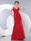 Red Column V-neck Floor-length Taffeta Ruch Prom / Evening Dress