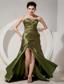 Olive Green Column / Sheath Sweetheart Brush Train Satin Beading and Ruch Prom Dress