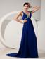 Blue Empire V-neck Brush Train Chiffon Beading Prom Dress
