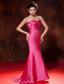 Hot Pink Mermaid Strapless Brush Train Satin Ruch Prom Dress