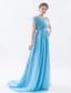 Baby Blue Empire One Shoulder Brush Train Chiffon and Lace Beading Prom Dress