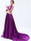 Purple A-line / Princess Halter Court Train Elastic Woven Satin and Sequin Pleat Prom Dress