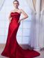 Wine Red Column Strapless Brush Train Taffeta Beading Prom Dress