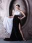 White and Black Column One Shoulder Brush Train Beading Chiffon and Elastic Woven Satin Prom Dress