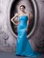 Simple Aqua Blue Prom Dress Column Strapless Elastic Woven Satin Brush Train