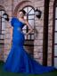 Royal Blue Mermaid One Shoulder Brush Train Beading Satin and Organza Beading Prom Dress