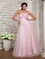 Baby Pink A-line Strapless Floor-length Tulle Beading Prom / Evening Dress