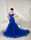 Royal Blue Mermaid Sweetheart Chapel Train Tulle and Satin Beading Prom Dress