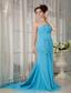 Aqua Blue Empire One Shoulder Brush Train Chiffon Ruch Prom / Evening Dress