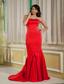 Red Mermaid Strapless Brush Train Satin Prom Dress