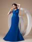 Modest Royal Blue Mermaid One Shoulder Prom Dress Satin Hand Made Flower Brush Train