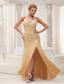 High Slit Beaded Decorate Halter Ruched Bodice Custom Made Champagne Prom / Evening Dress For 2013