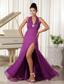 Halter High Slit Ruched Bodice Purple Prom Dress Floor-length