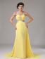 Straps Chiffon Yellow Evening Dress With Brush Train Beaded Decorate