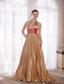 Popular Gold Empire Halter Brush Train Elastic Woven Satin Rhinestones Prom Dress