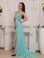 Aqua Blue Column One Shoulder Brush Train Chiffon Beading Prom / Pageant Dress