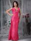 Coral Red Column V-neck Ankle-length Taffeta Beading Prom Dress