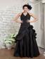 Exquisite Black Dress A-line Halter Taffeta Hand Made Flowers Floor-length