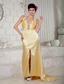 Discount Gold Empire Prom Dress Straps Beading Brush Train Taffeta