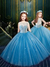 Custom Designed Scoop Blue Sleeveless Floor Length Appliques Clasp Handle Little Girls Pageant Dress Wholesale