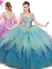 Deluxe Multi-color Ball Gowns Tulle V-neck Cap Sleeves Beading and Ruffles Floor Length Lace Up Quince Ball Gowns
