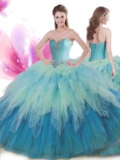 Deluxe Multi-color Ball Gowns Sweetheart Sleeveless Tulle Floor Length Lace Up Beading and Ruffles Sweet 16 Dresses
