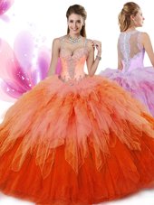Shining Multi-color Ball Gowns Beading and Ruffles 15th Birthday Dress Zipper Tulle Sleeveless Floor Length