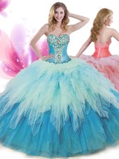 Pretty Multi-color Tulle Lace Up Quinceanera Dress Sleeveless Floor Length Beading and Ruffles