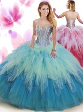 Great Multi-color Ball Gowns Beading and Ruffles Quinceanera Gown Lace Up Tulle Sleeveless Floor Length