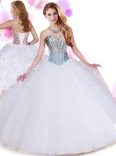 Amazing White Ball Gowns Sweetheart Sleeveless Organza and Tulle Floor Length Lace Up Beading and Ruffles Sweet 16 Dresses