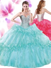 Inexpensive Organza Sweetheart Sleeveless Lace Up Beading and Pick Ups Quinceanera Gowns in Turquoise