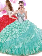 Suitable Turquoise Lace Up Sweetheart Beading and Ruffled Layers and Pick Ups Sweet 16 Quinceanera Dress Organza and Taffeta Sleeveless