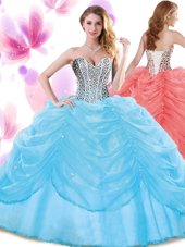Modest Baby Blue Ball Gowns Beading and Pick Ups Quince Ball Gowns Lace Up Organza Sleeveless Floor Length