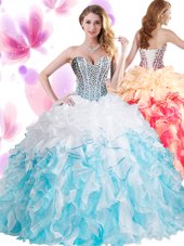 Blue And White Sleeveless Organza Lace Up Vestidos de Quinceanera for Military Ball and Sweet 16 and Quinceanera
