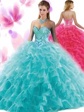 Edgy Teal Ball Gowns Organza Sweetheart Sleeveless Beading and Ruffles Floor Length Lace Up Sweet 16 Quinceanera Dress