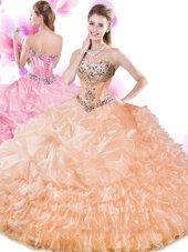Exceptional Floor Length Lace Up Vestidos de Quinceanera Orange and In for Military Ball and Sweet 16 and Quinceanera with Beading and Ruffled Layers and Pick Ups
