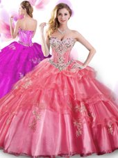 Glorious Coral Red Organza Lace Up Sweetheart Sleeveless Floor Length Vestidos de Quinceanera Beading and Appliques